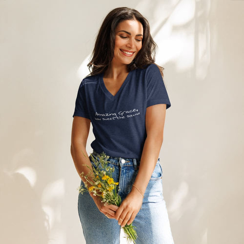 Women’s relaxed v-neck faith t-shirt, heather navy, short sleeves, printed message on chest