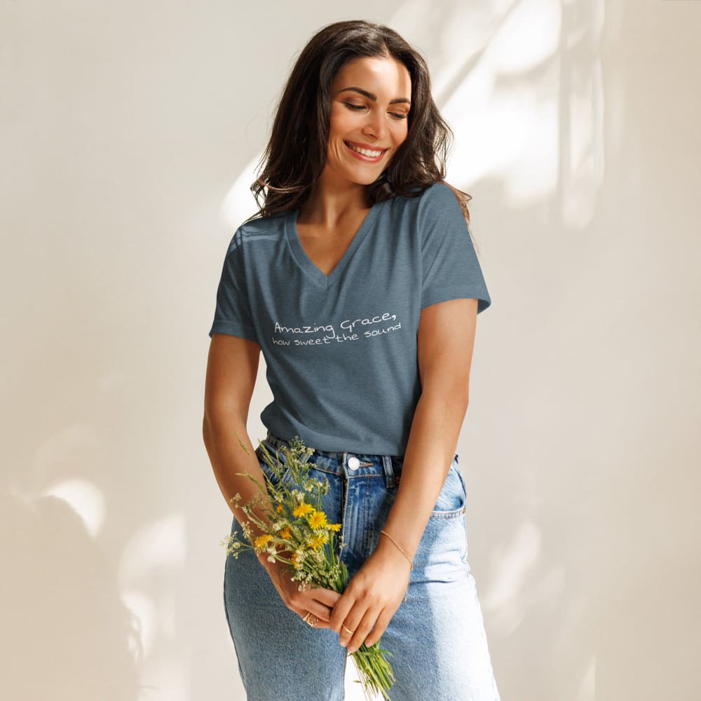Women’s relaxed v-neck faith t-shirt, slate blue, short sleeves, printed message on chest