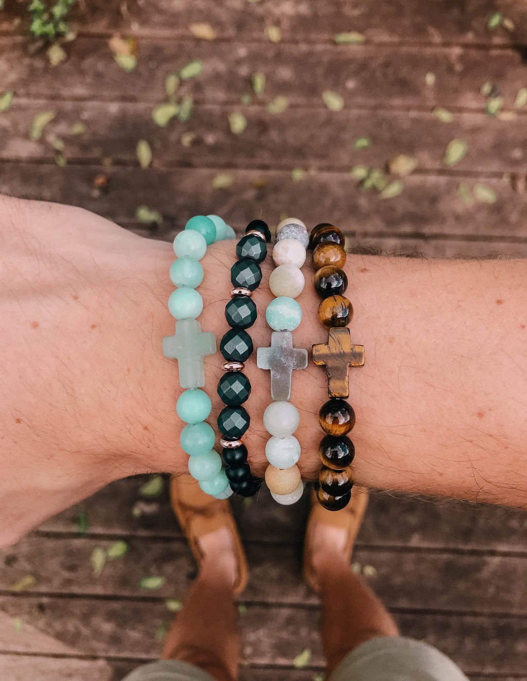 Amazonite cross bracelet with light blue beads and a small silver-tone cross charm