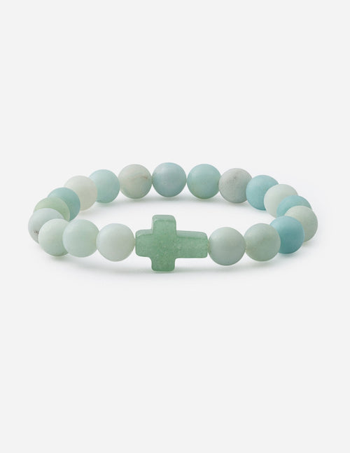 Amazonite cross beaded bracelet with light blue round beads and a silver-tone cross charm