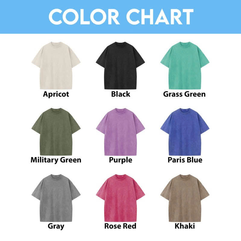T-shirt color chart showing Apricot, Black, Grass Green, Military Green, Purple, Paris Blue