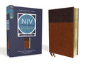 Large print study Bible with brown leather-look cover, visible spine and tan page edges