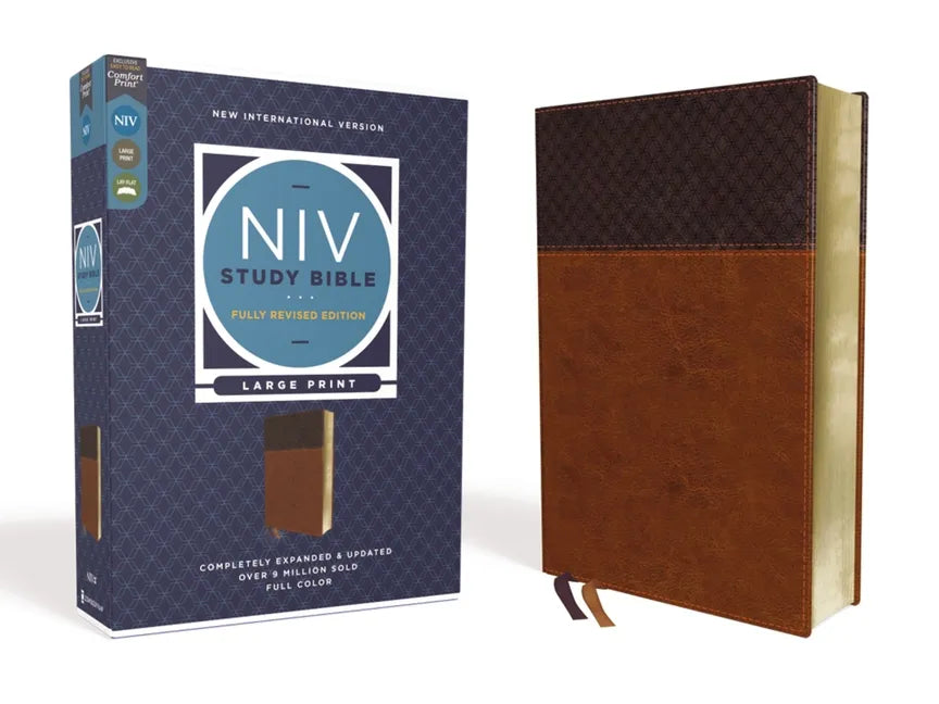 Large print study Bible with brown leather-look cover, visible spine and tan page edges