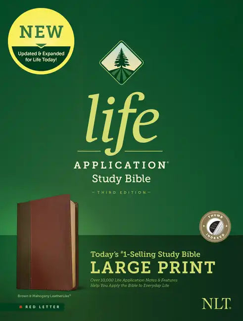 Large-print Life Application Study Bible cover, brown leatherlike, green “life” title