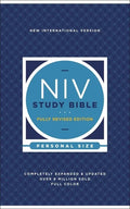 NIV Study Bible hardcover, blue patterned cover with NIV Study Bible and Personal Size text