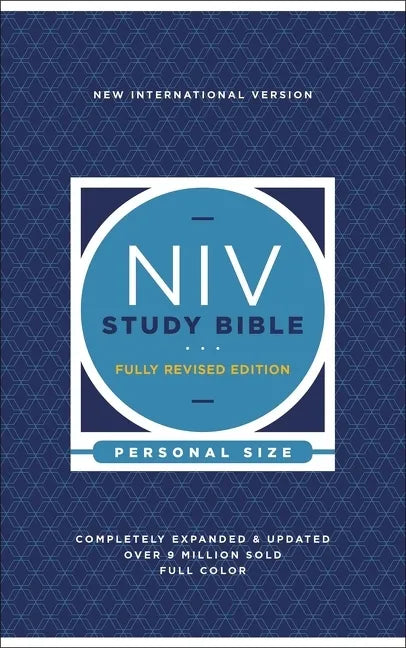 NIV Study Bible hardcover, blue patterned cover with NIV Study Bible and Personal Size text