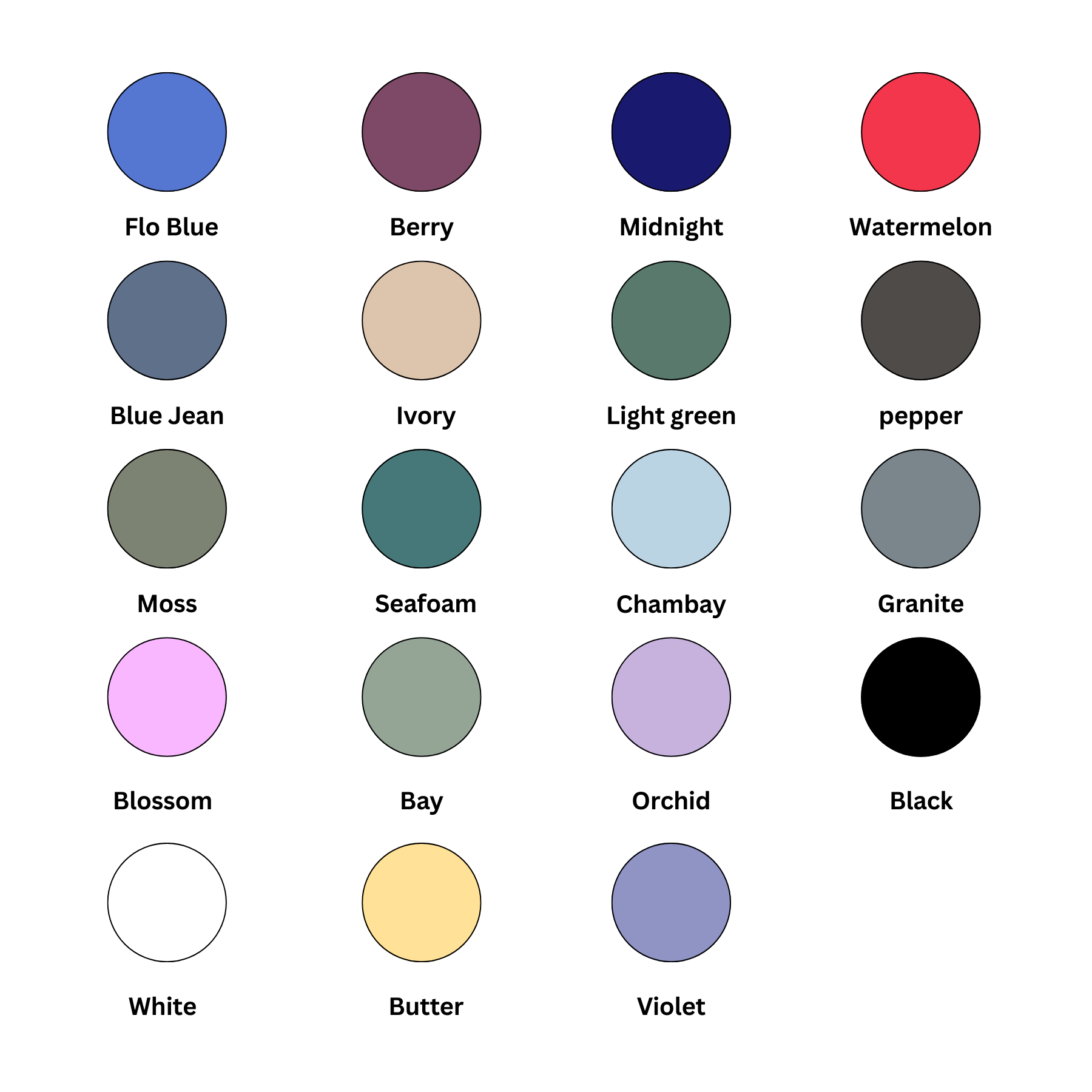 T-shirt color swatch chart with labeled options, including Flo Blue and Berry