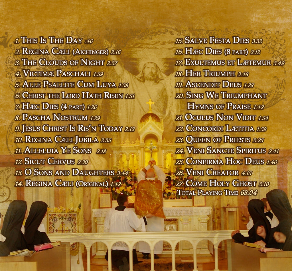Easter at Ephesus CD back cover with Latin hymn track list and robed performers