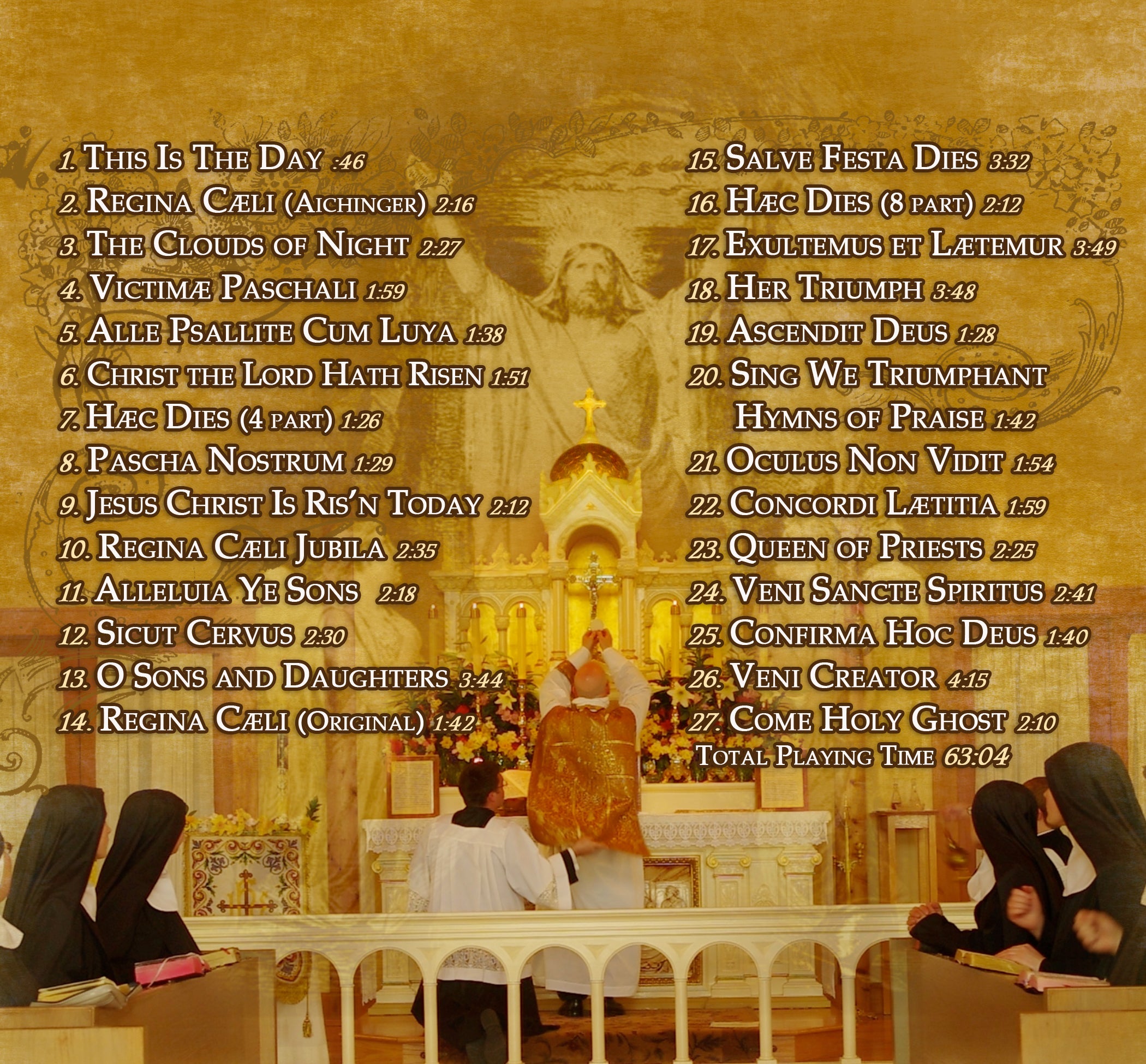 Easter at Ephesus CD back cover with Latin hymn track list and robed performers