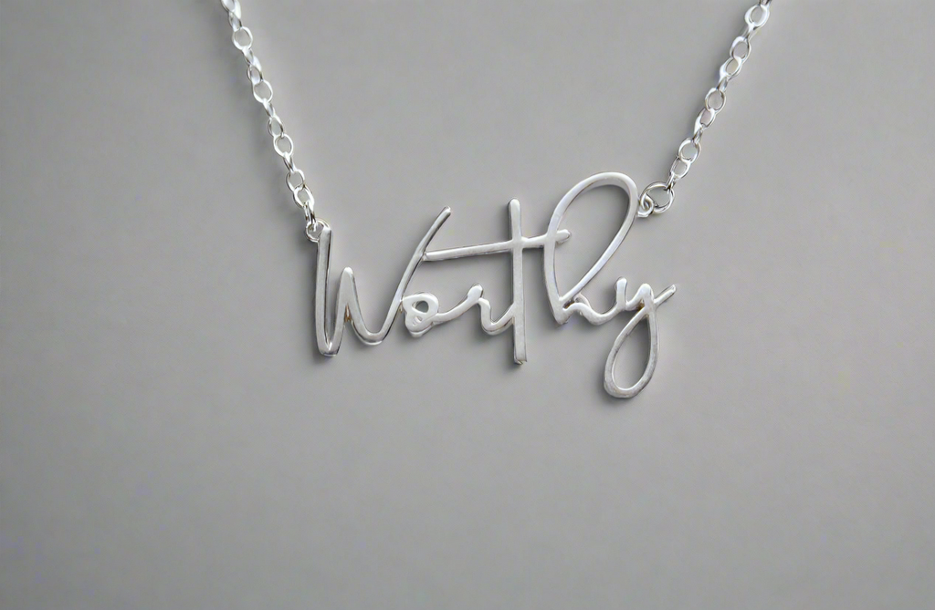 Sterling silver chain necklace with cursive Worthy pendant