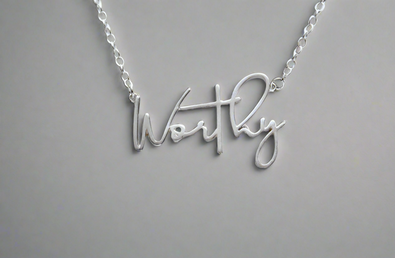 Sterling silver chain necklace with cursive Worthy pendant