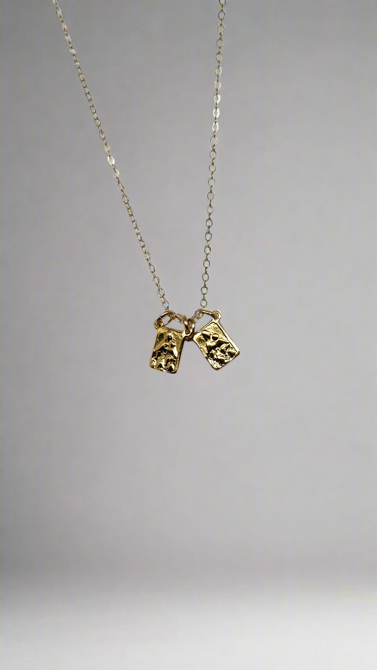 Gold vermeil scapular necklace with two rectangular charm pendants on a chain