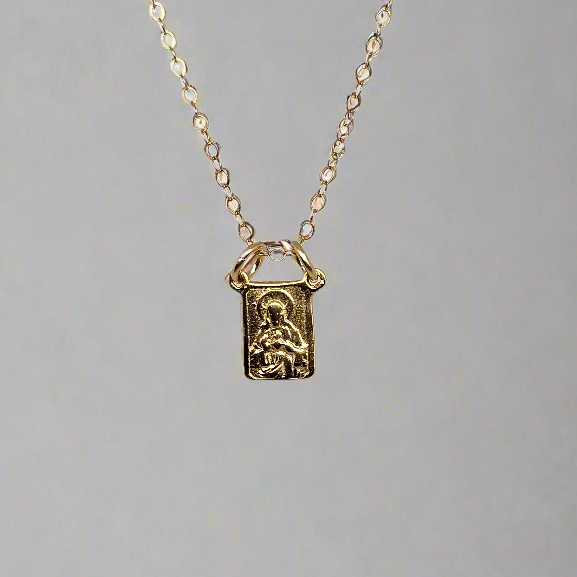 Gold vermeil scapular necklace with rectangular pendant on gold chain