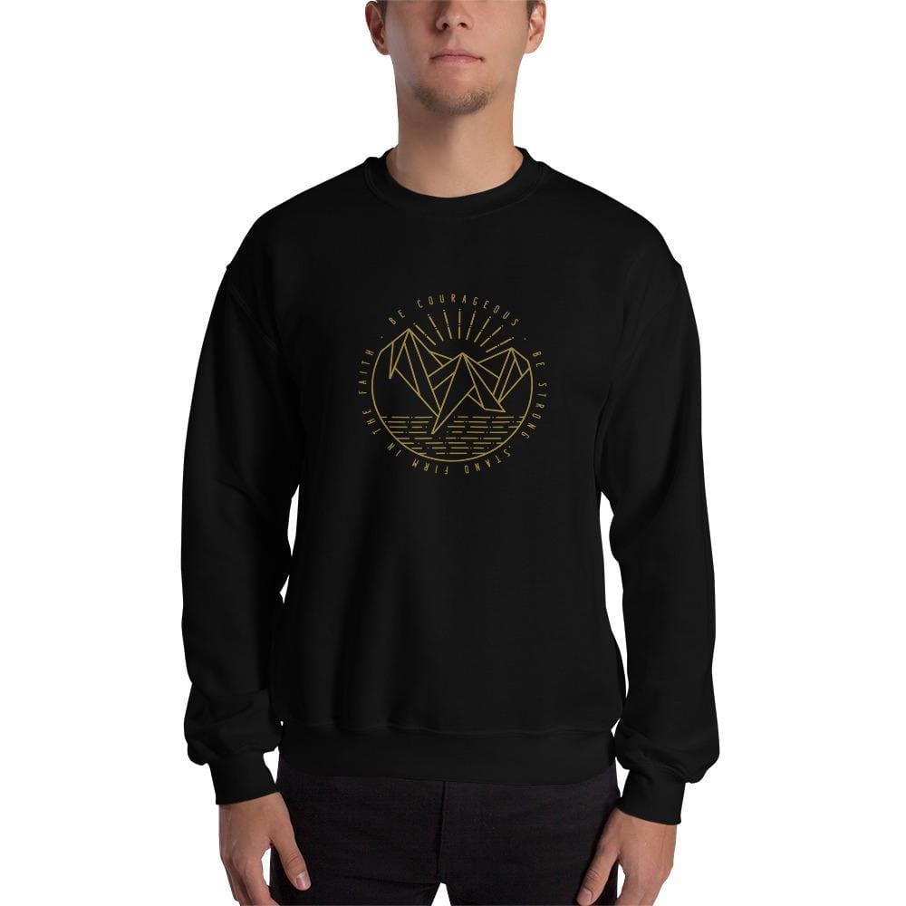 Black crewneck sweatshirt with gold faith logo on the chest