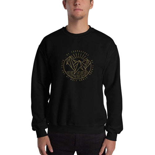 Black crewneck sweatshirt with gold faith logo on the chest