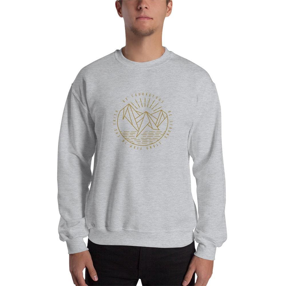 Heather gray crewneck sweatshirt with gold faith logo on the chest