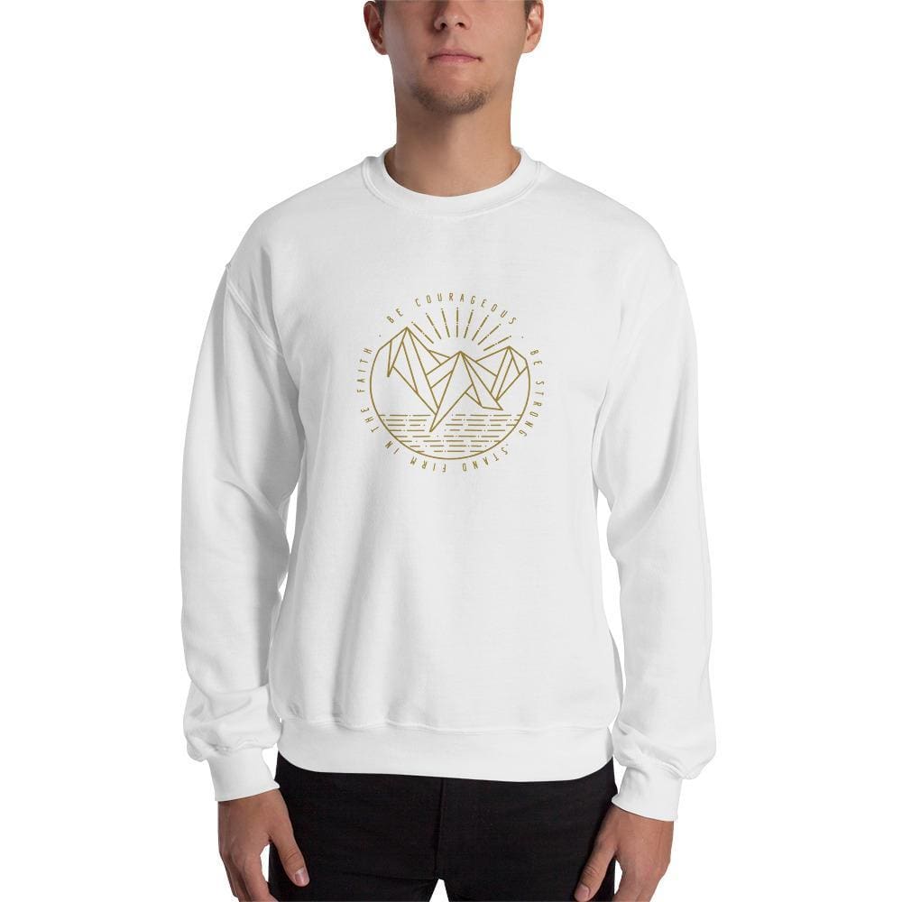 White crewneck sweatshirt with gold faith logo on the chest