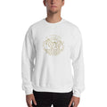 White crewneck sweatshirt with gold faith logo on the chest