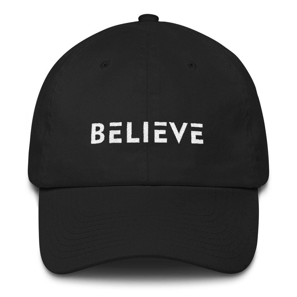 Black adjustable cotton baseball cap with BELIEVE front embroidery
