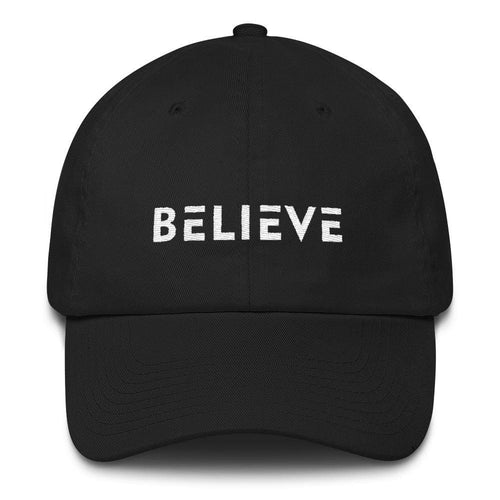 Black adjustable cotton baseball cap with BELIEVE front embroidery