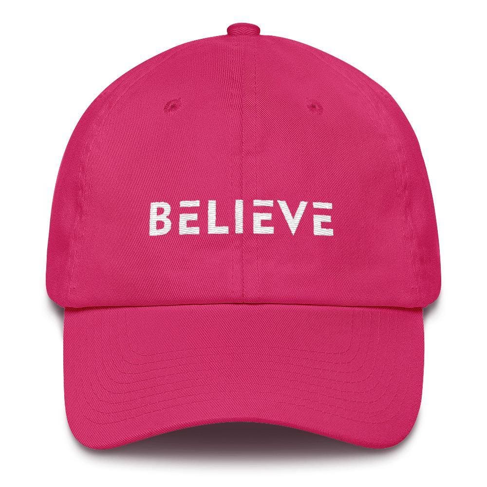 Bright pink adjustable cotton baseball cap with BELIEVE front embroidery