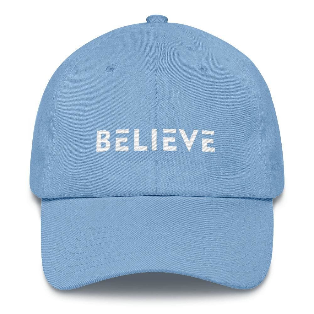 Light blue adjustable cotton baseball cap with BELIEVE front embroidery