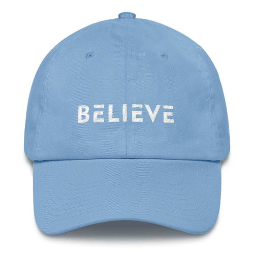 Light blue adjustable cotton baseball cap with BELIEVE front embroidery