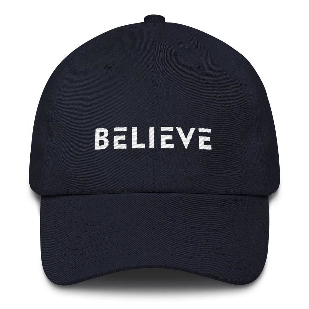 Navy adjustable cotton baseball cap with BELIEVE front embroidery