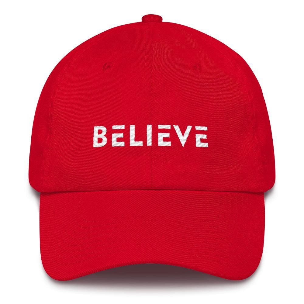 Red adjustable cotton baseball cap with BELIEVE front embroidery