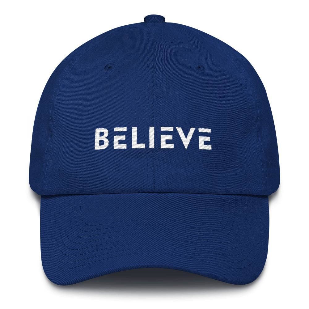 Royal blue adjustable cotton baseball cap with BELIEVE front embroidery