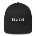 Dark grey fitted baseball cap with BELIEVE logo