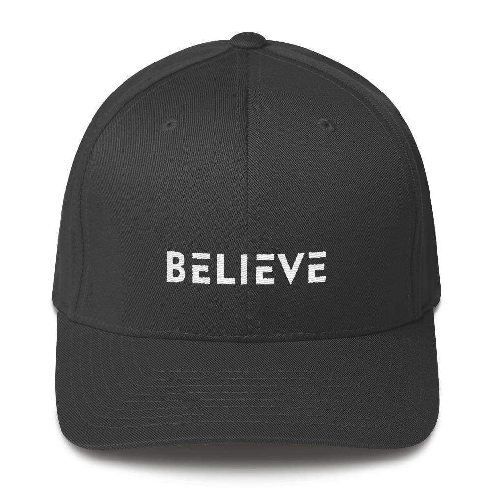 Grey fitted baseball cap with BELIEVE logo