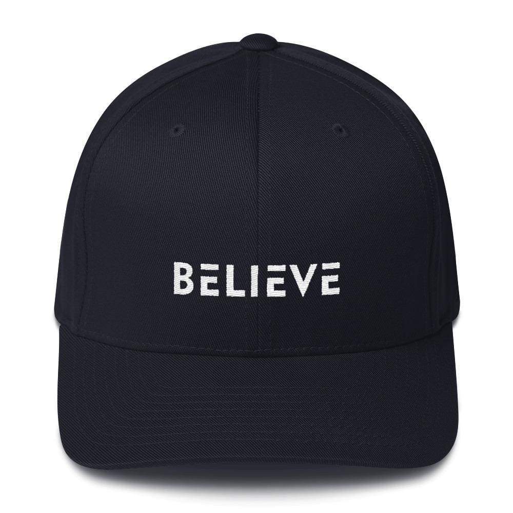 Black fitted baseball cap with BELIEVE logo