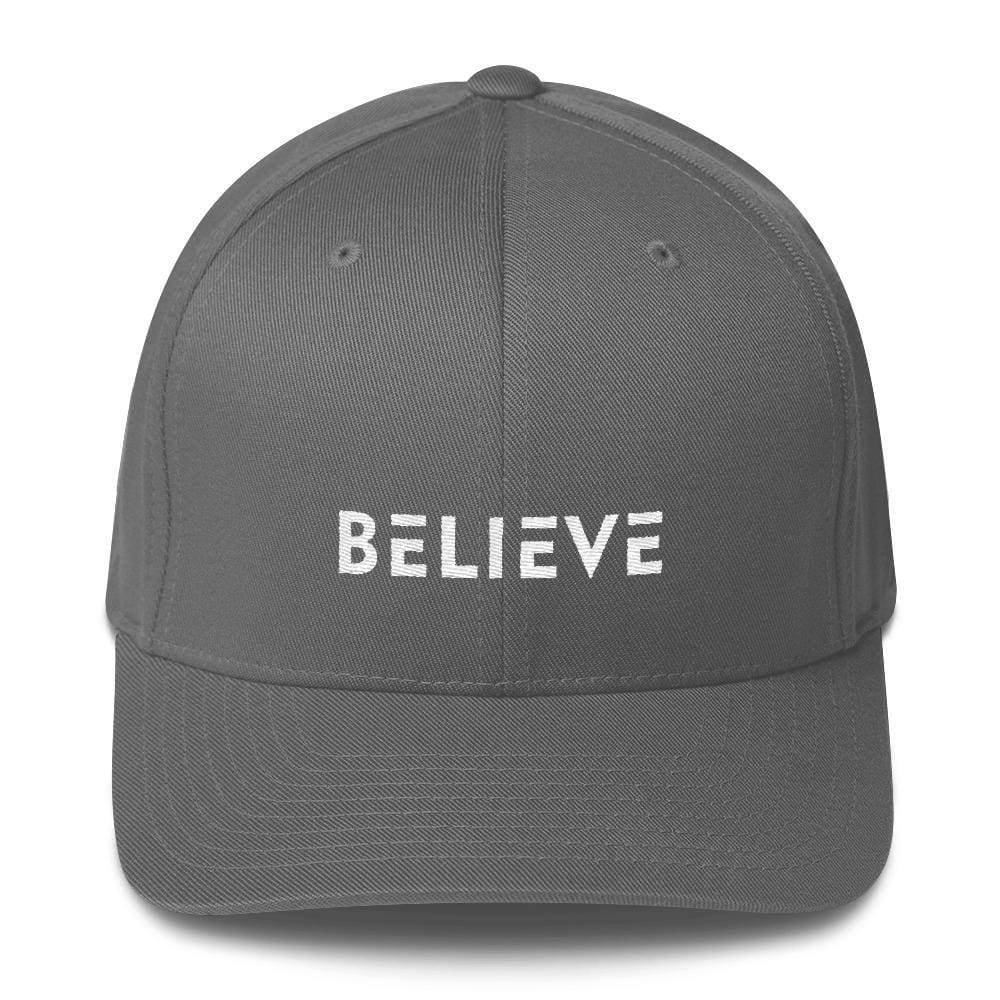 Light grey fitted baseball cap with BELIEVE logo