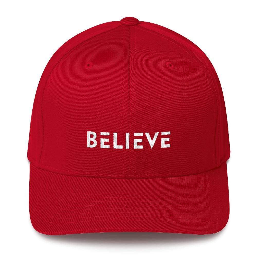 Red fitted baseball cap with BELIEVE logo