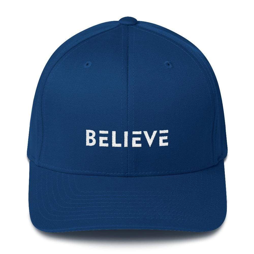 Royal blue fitted baseball cap with BELIEVE logo
