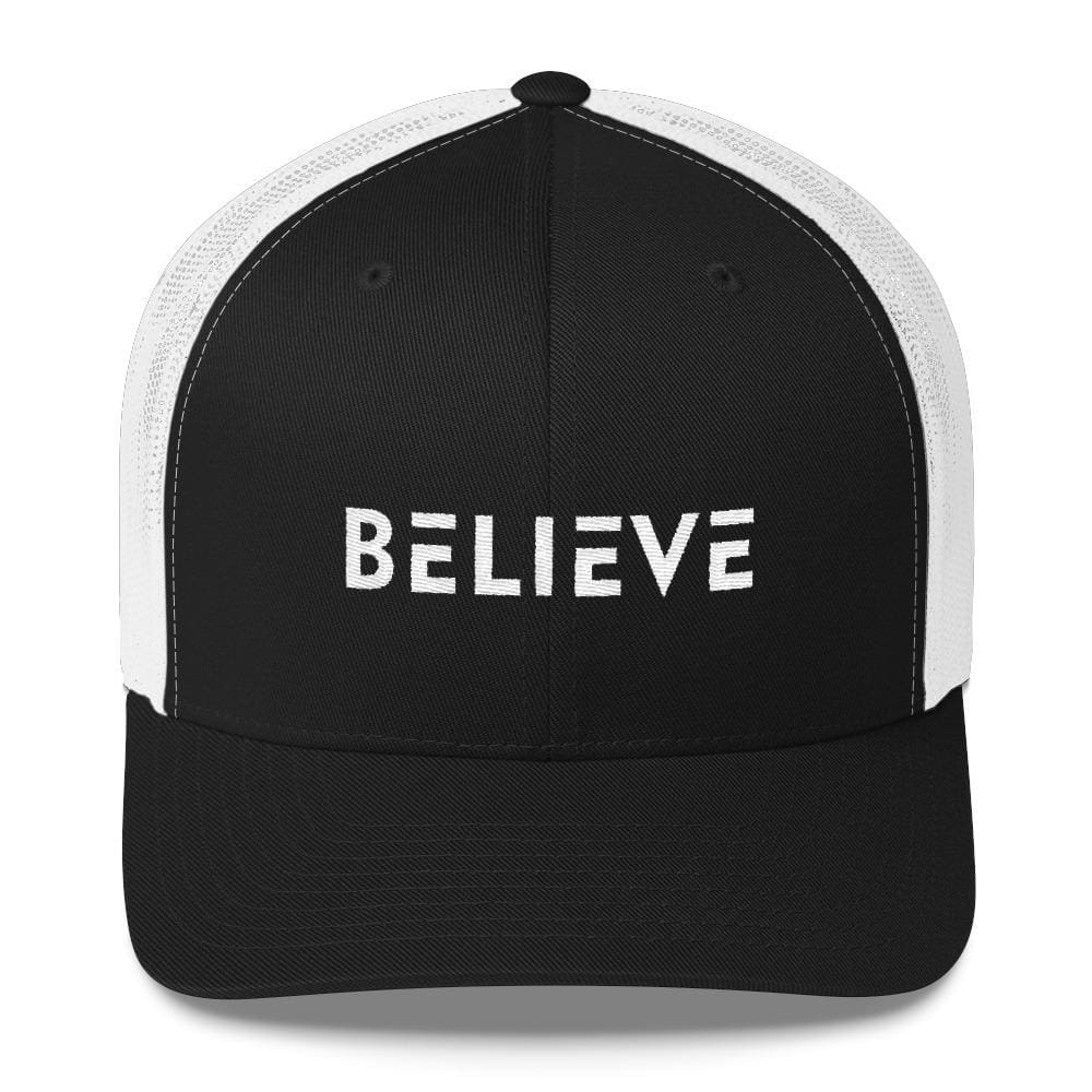 Snapback trucker hat with 'BELIEVE' white embroidery and white-trim mesh