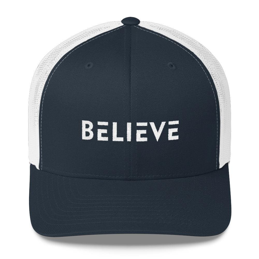 Snapback trucker hat with 'BELIEVE' white embroidery and white mesh panels