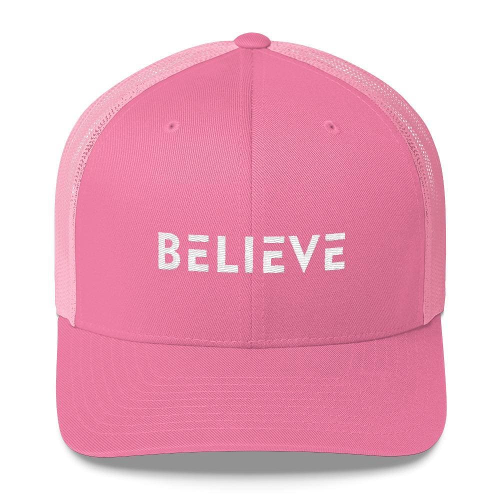 Snapback trucker hat with 'BELIEVE' white embroidery and light-pink mesh