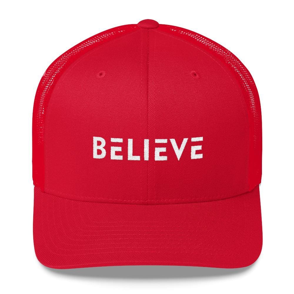 Snapback trucker hat with 'BELIEVE' white embroidery on red cap
