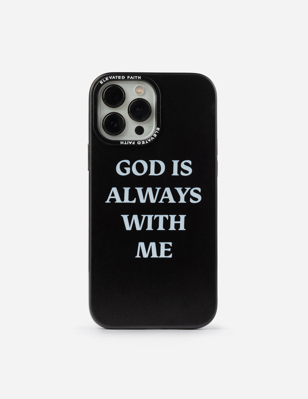 Black phone case with 'God is always with me' text, dual camera cutouts.