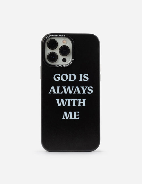 Black phone case with 'God is always with me' text, dual camera cutouts.