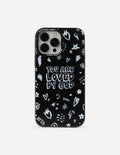Black phone case with 'You are loved by God' text and white heart, star doodles