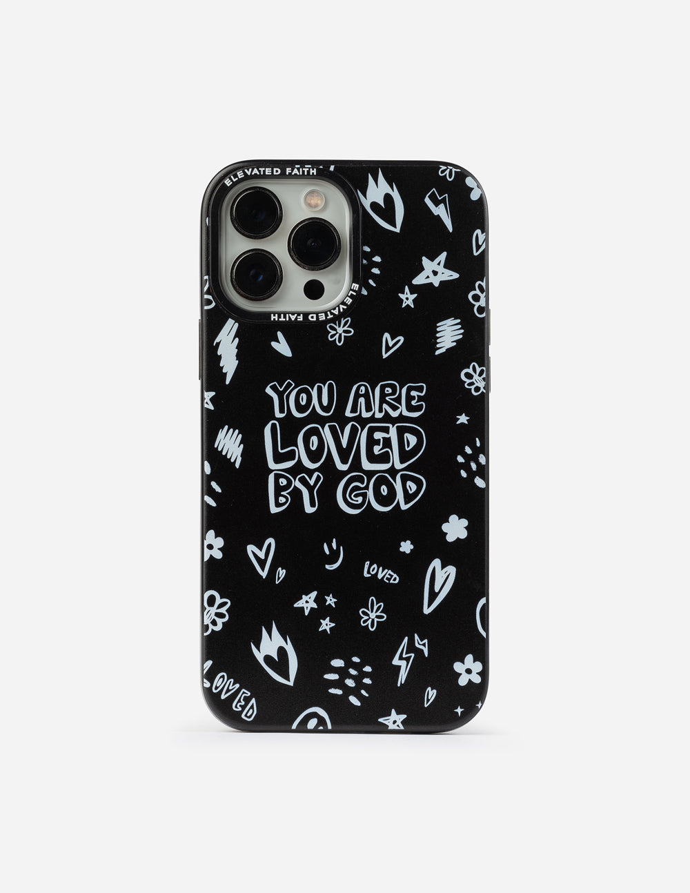 Black phone case with 'You are loved by God' text and white heart, star doodles
