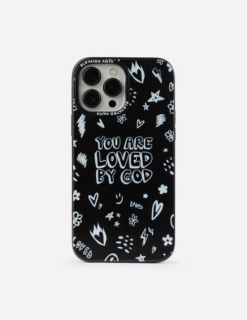 Black phone case with 'You are loved by God' text and white heart, star doodles