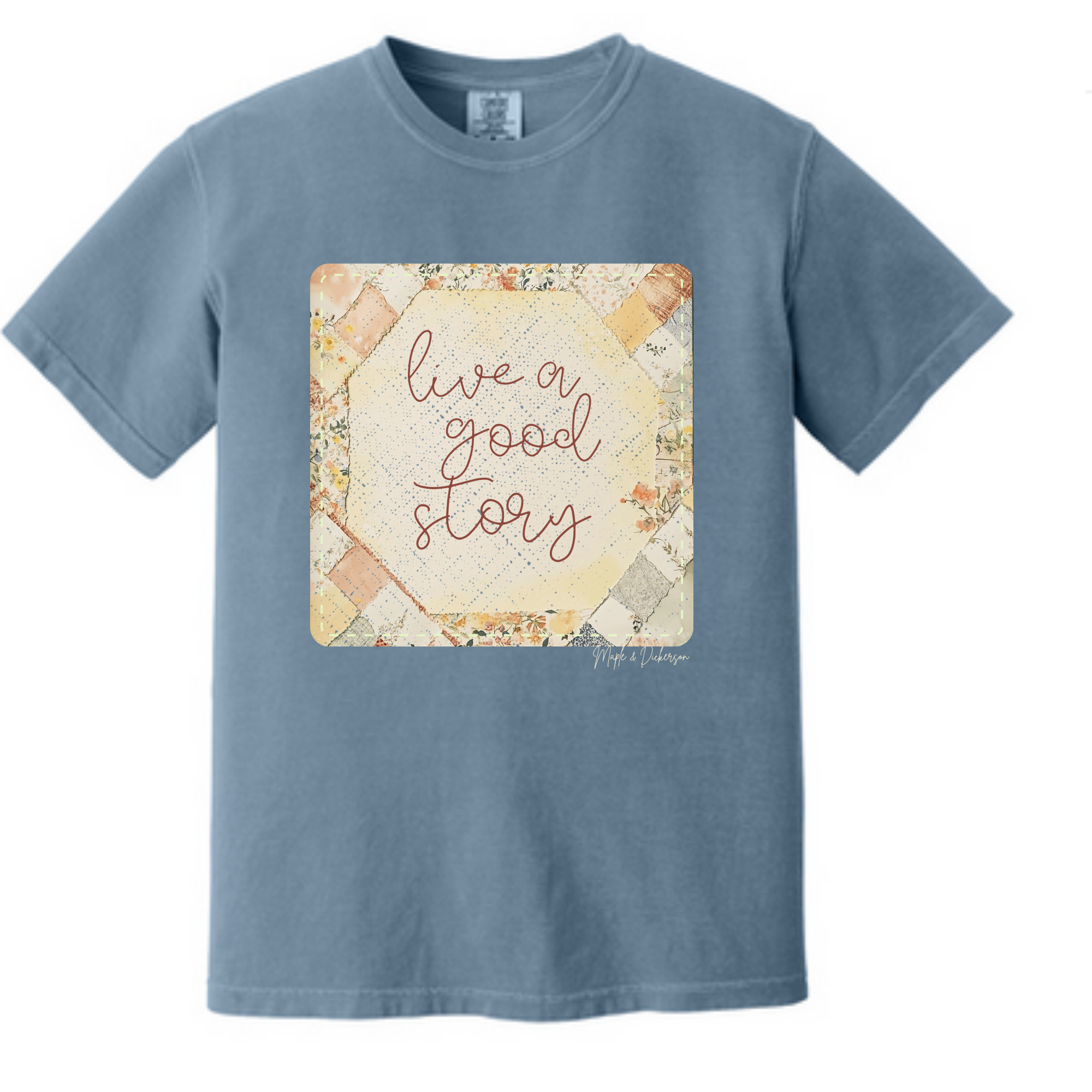 Blue crewneck T-shirt with front graphic: 'live a good story'