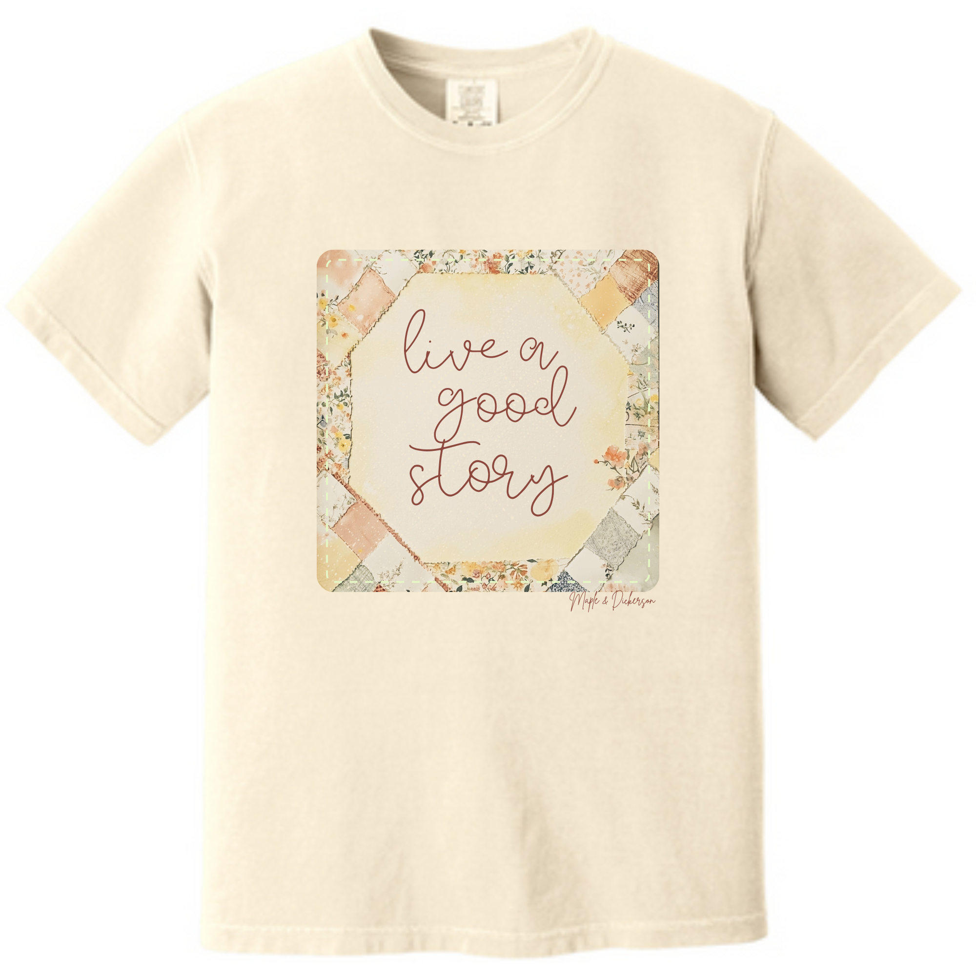 Ivory crewneck T-shirt with front graphic: 'live a good story'