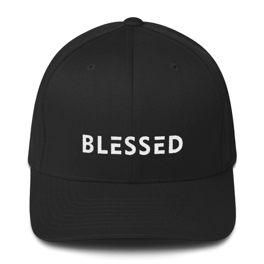 Black fitted twill baseball cap with 'BLESSED' front text