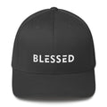 Dark grey fitted twill baseball cap with 'BLESSED' front text