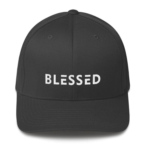 Dark grey fitted twill baseball cap with 'BLESSED' front text